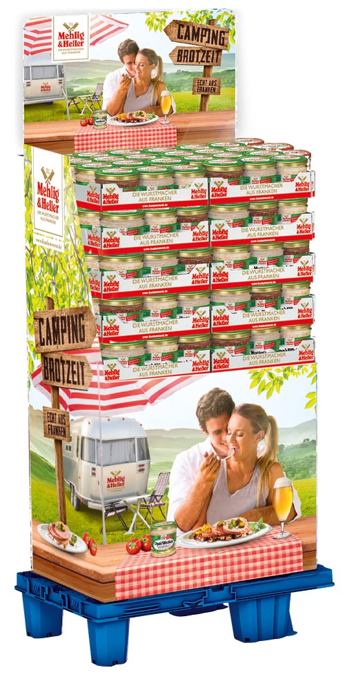 "Mehlig & Heller" Produkt Aufsteller - "CAMPING BROTZEIT - ECHT AUS FRANKEN" im Camping Design