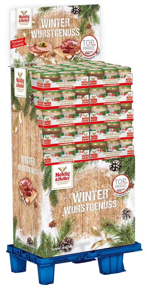 "Mehlig & Heller" Produkt Aufsteller - "WINTER WURSTGENUSS" im Winter Design