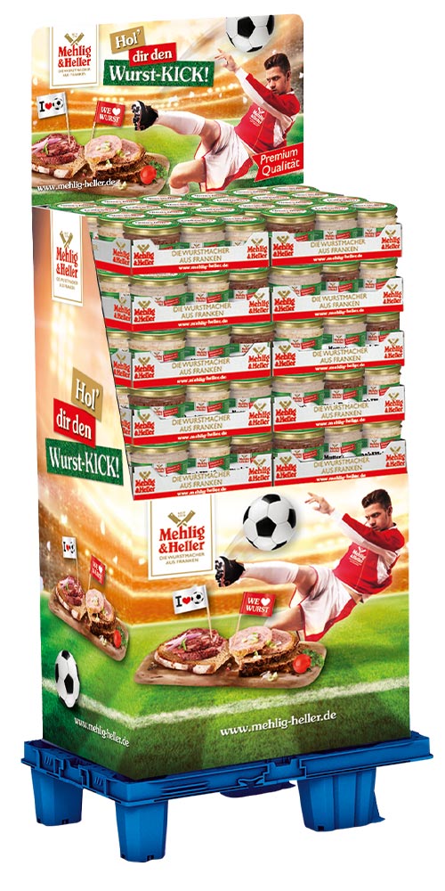 "Mehlig & Heller" Produkt Aufsteller - "Hol' dir den Wurst-KICK" im Fußball Design