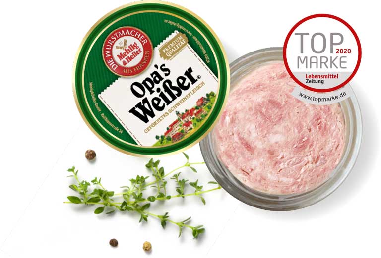 Ein offenes Glas "Opa's Weißer" von "Mehlig & Heller" mit dem Label "TOP MARKE 2020"